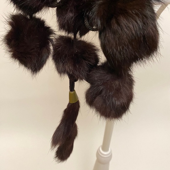 Dark Brown Pom Pom Rabbit Fur Scarf - Picture 2 of 4